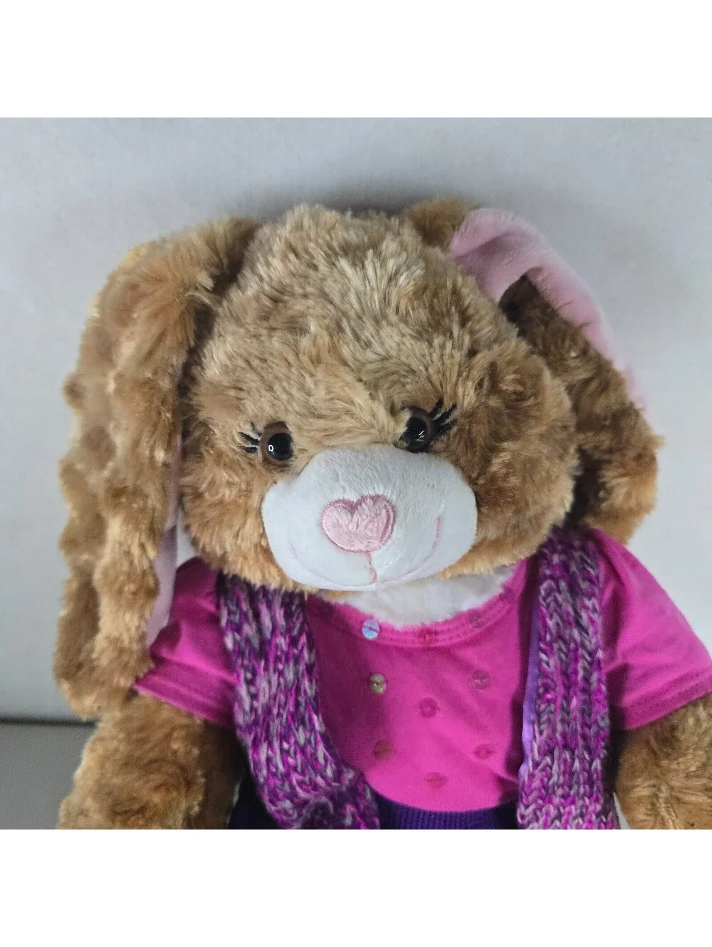 Build A Bear Brown & White Bunny Pink Heart Nose Plush Stuffed Animal  w Clothes